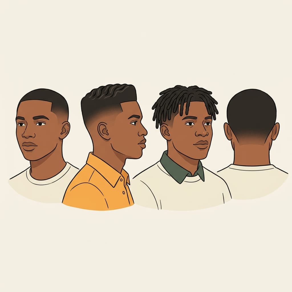 Editorial flat illustration of Ghanaian men with fresh haircuts